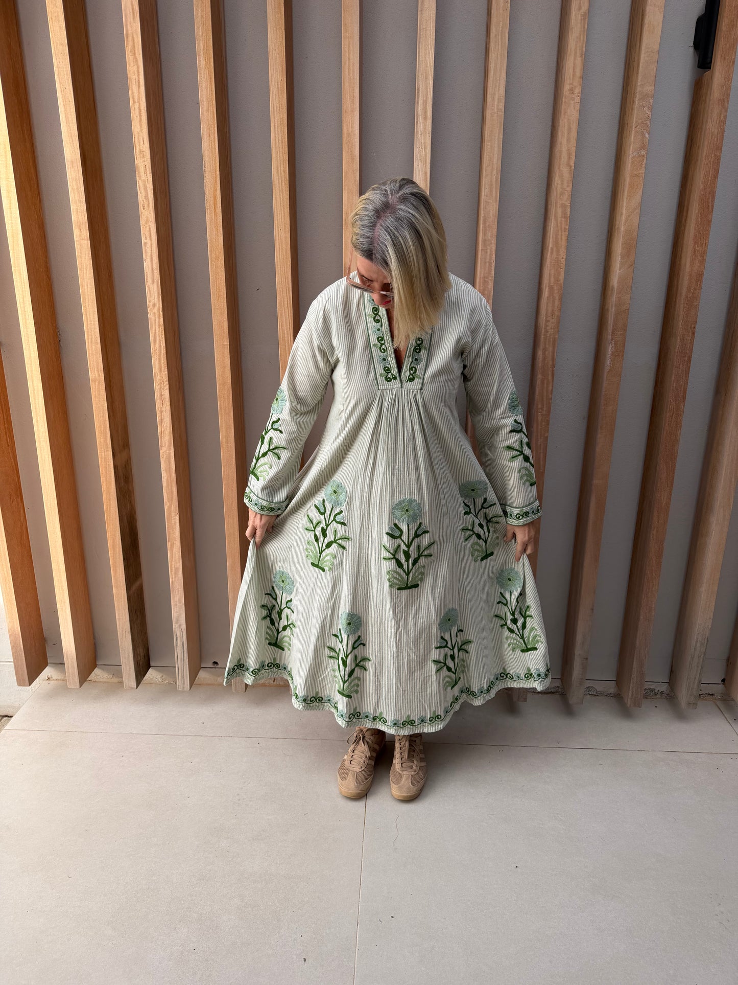 Apple green striped dress with embroidered green daisies