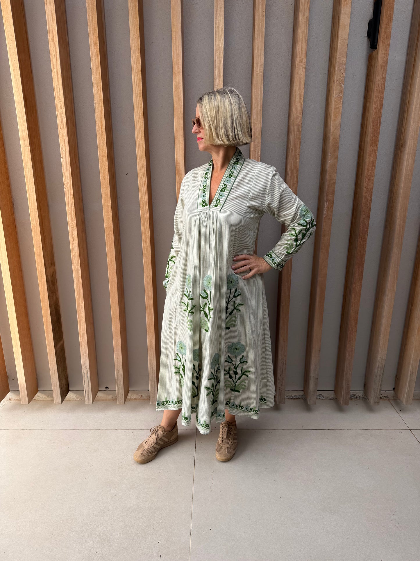 Apple green striped dress with embroidered green daisies