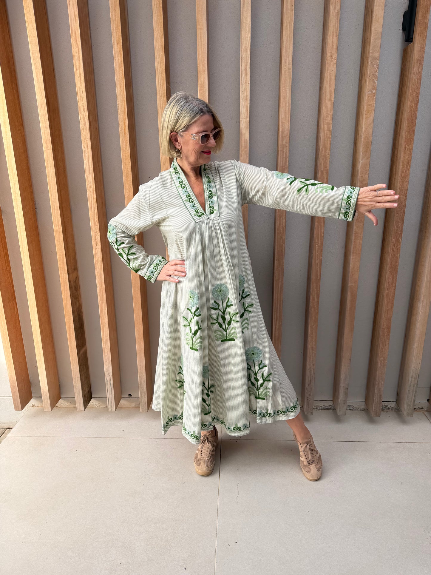 Apple green striped dress with embroidered green daisies
