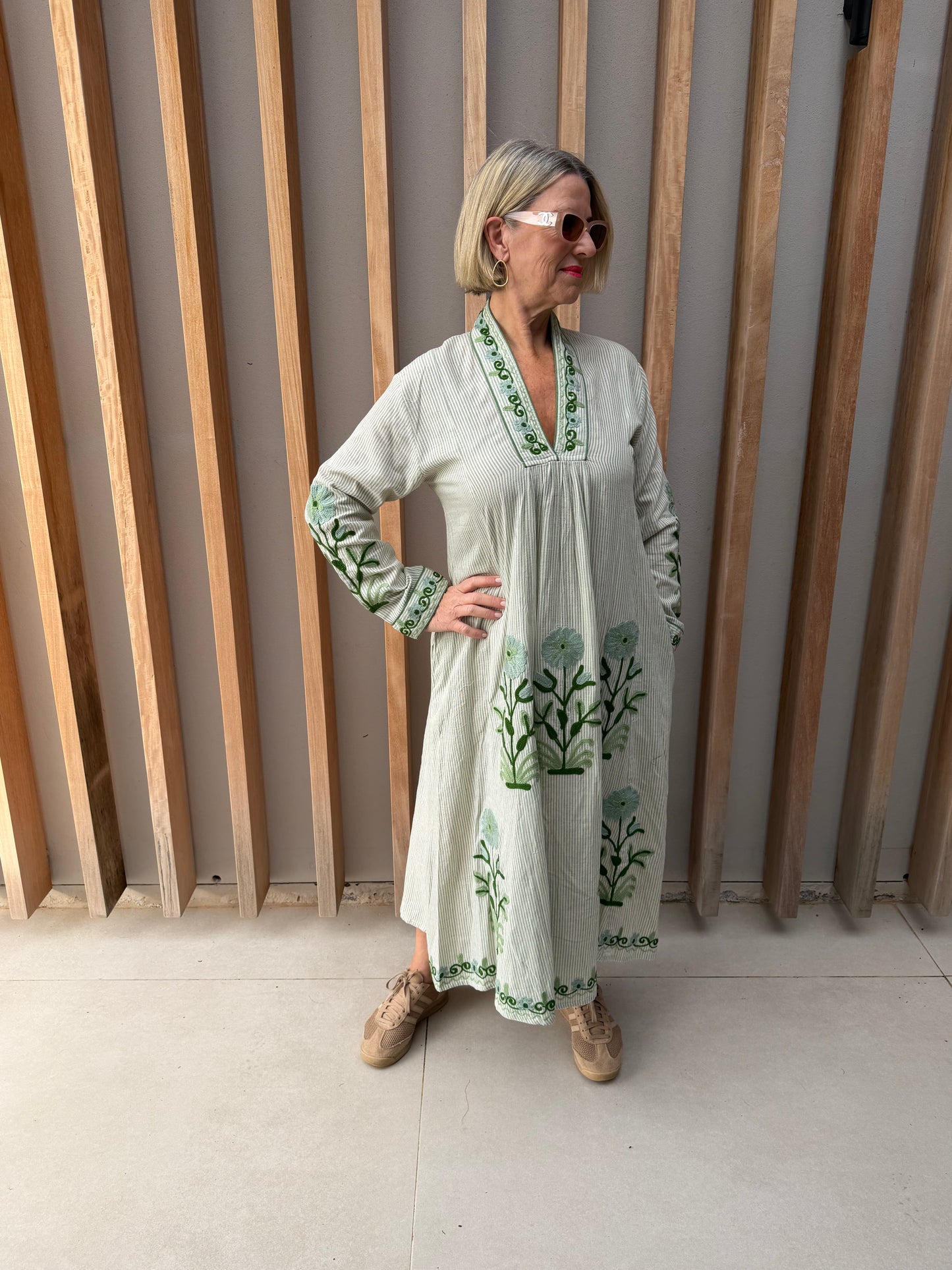 Apple green striped dress with embroidered green daisies