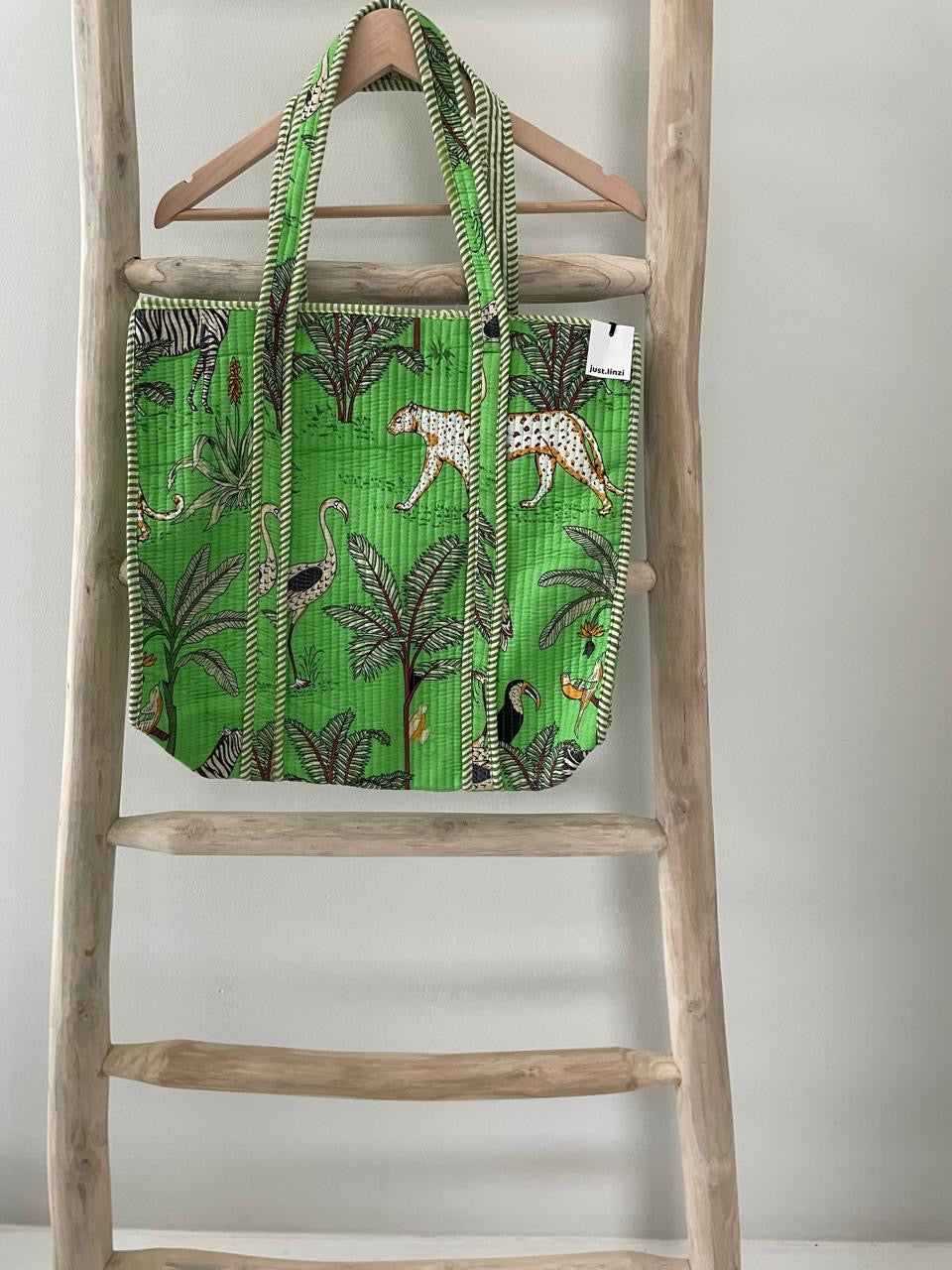 Tote Bag: Apple green with animal palm pattern