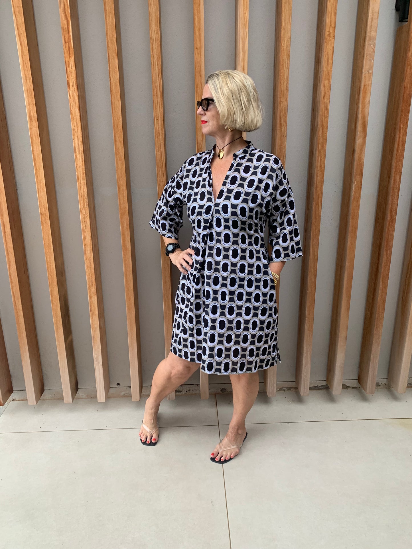 Black, white & beige geometric short dress