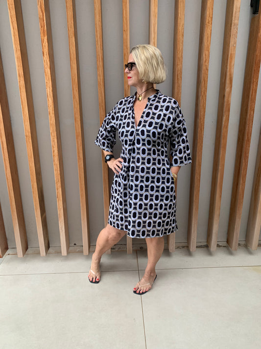 Black, white & beige geometric short dress