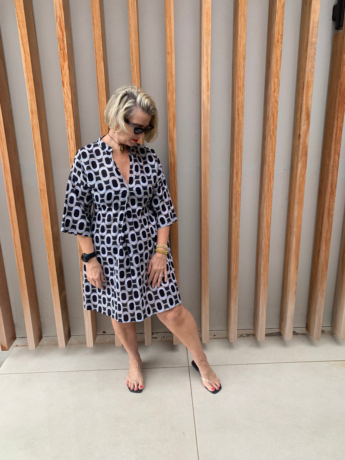 Black, white & beige geometric short dress