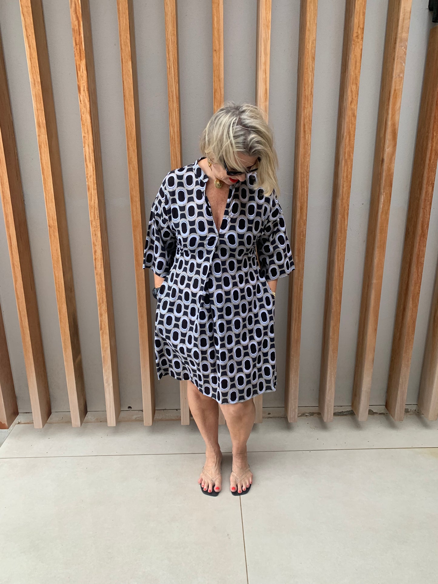 Black, white & beige geometric short dress