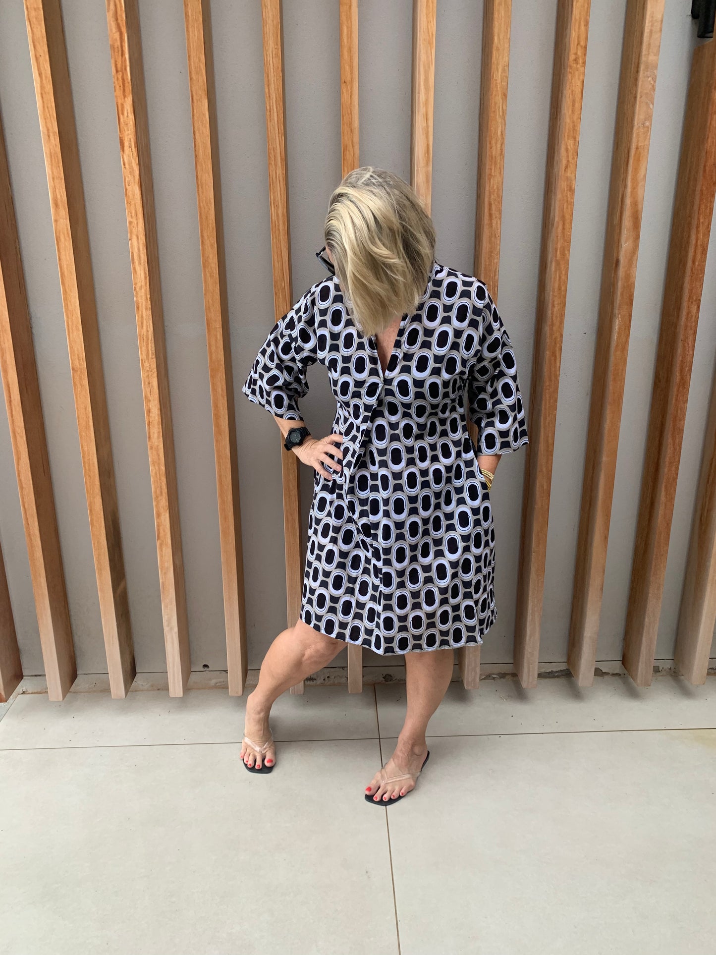 Black, white & beige geometric short dress