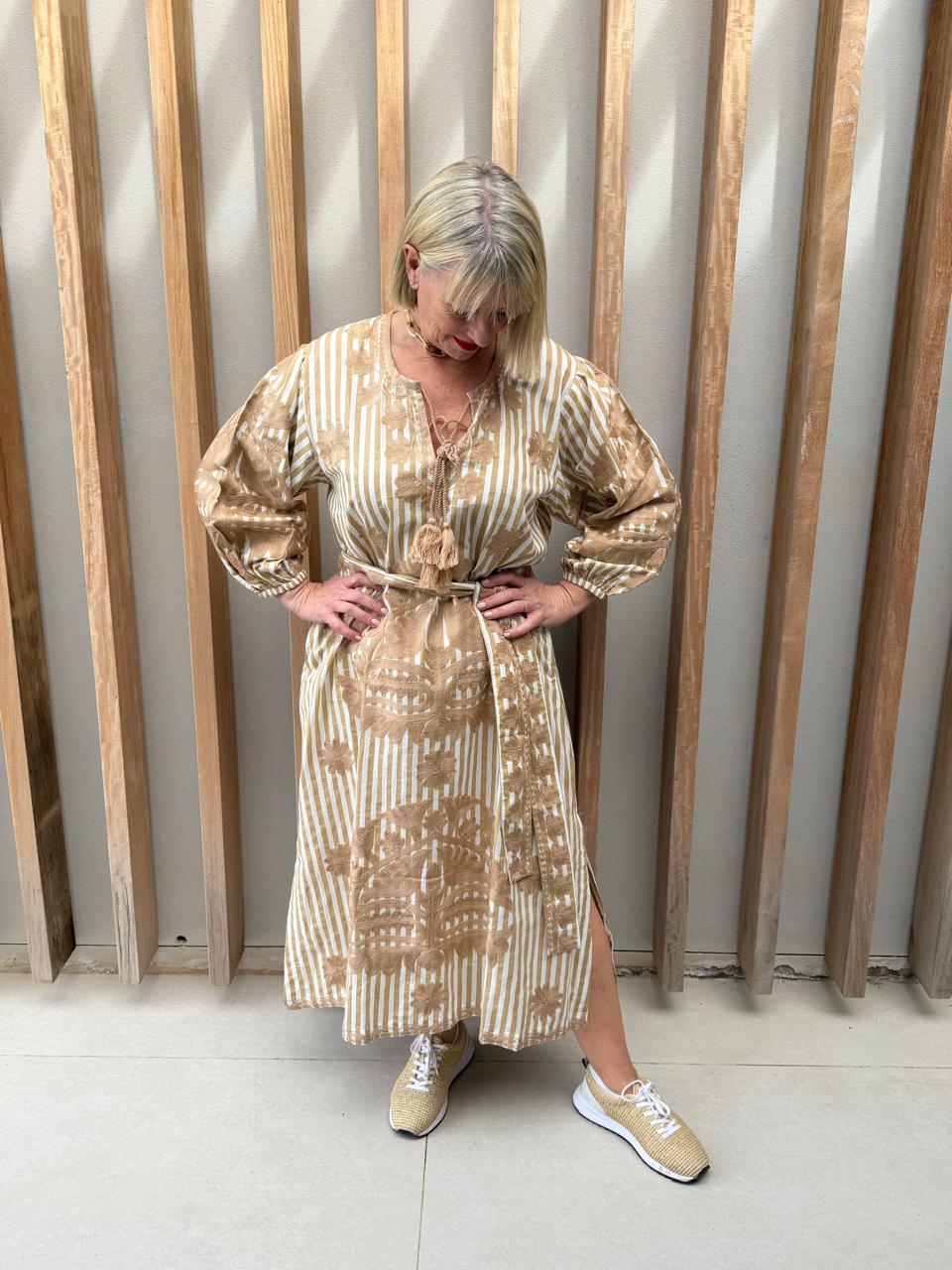 Beige & white striped embroidered dress