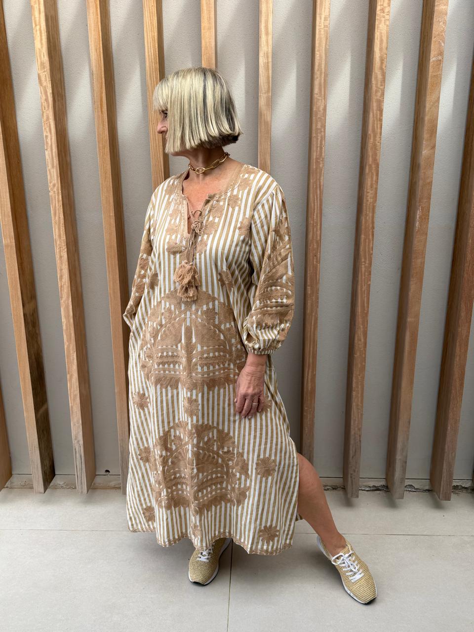 Beige & white striped embroidered dress