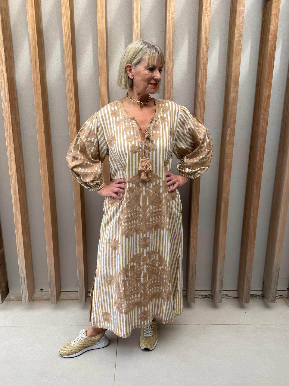 Beige & white striped embroidered dress