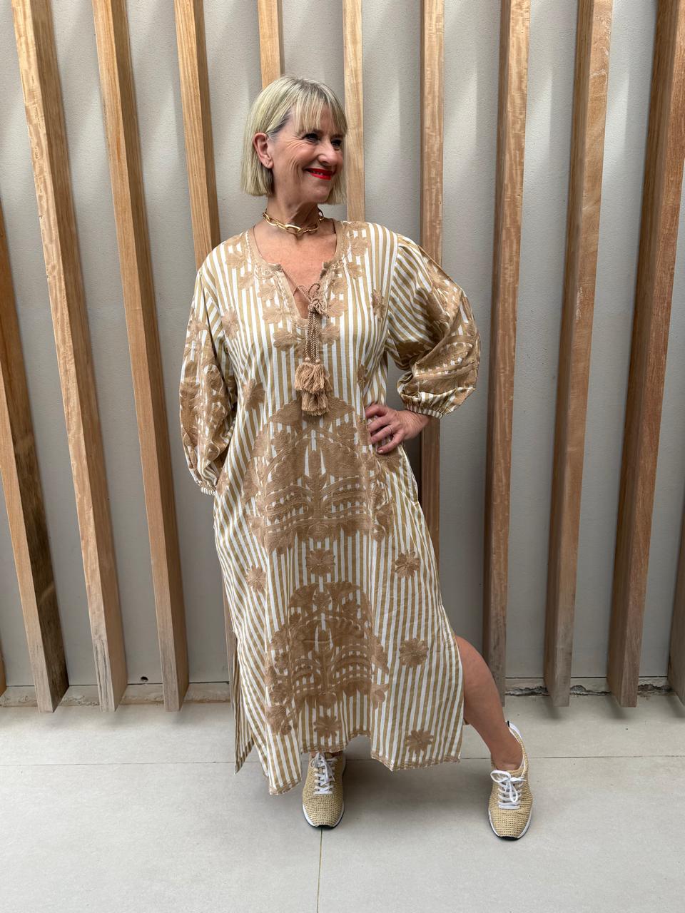 Beige & white striped embroidered dress