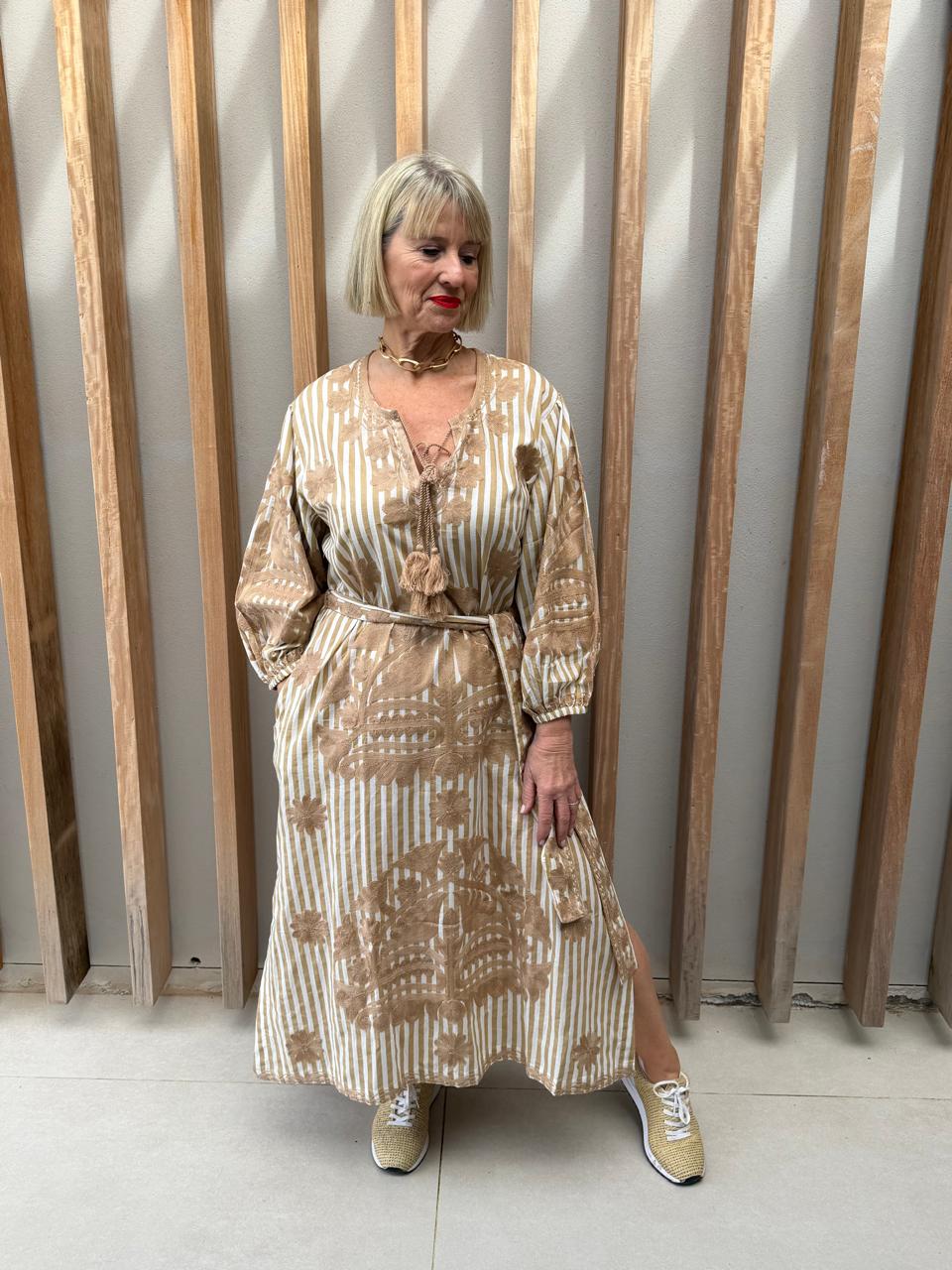 Beige & white striped embroidered dress