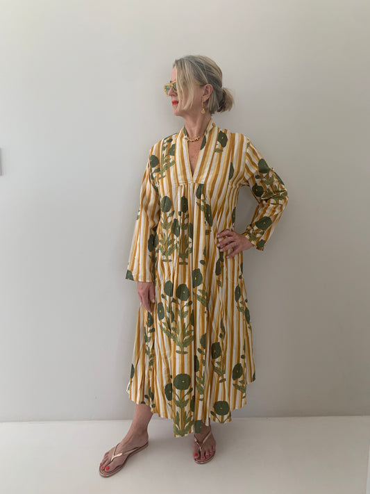 Beige bronze & white stripe dress with green poppies