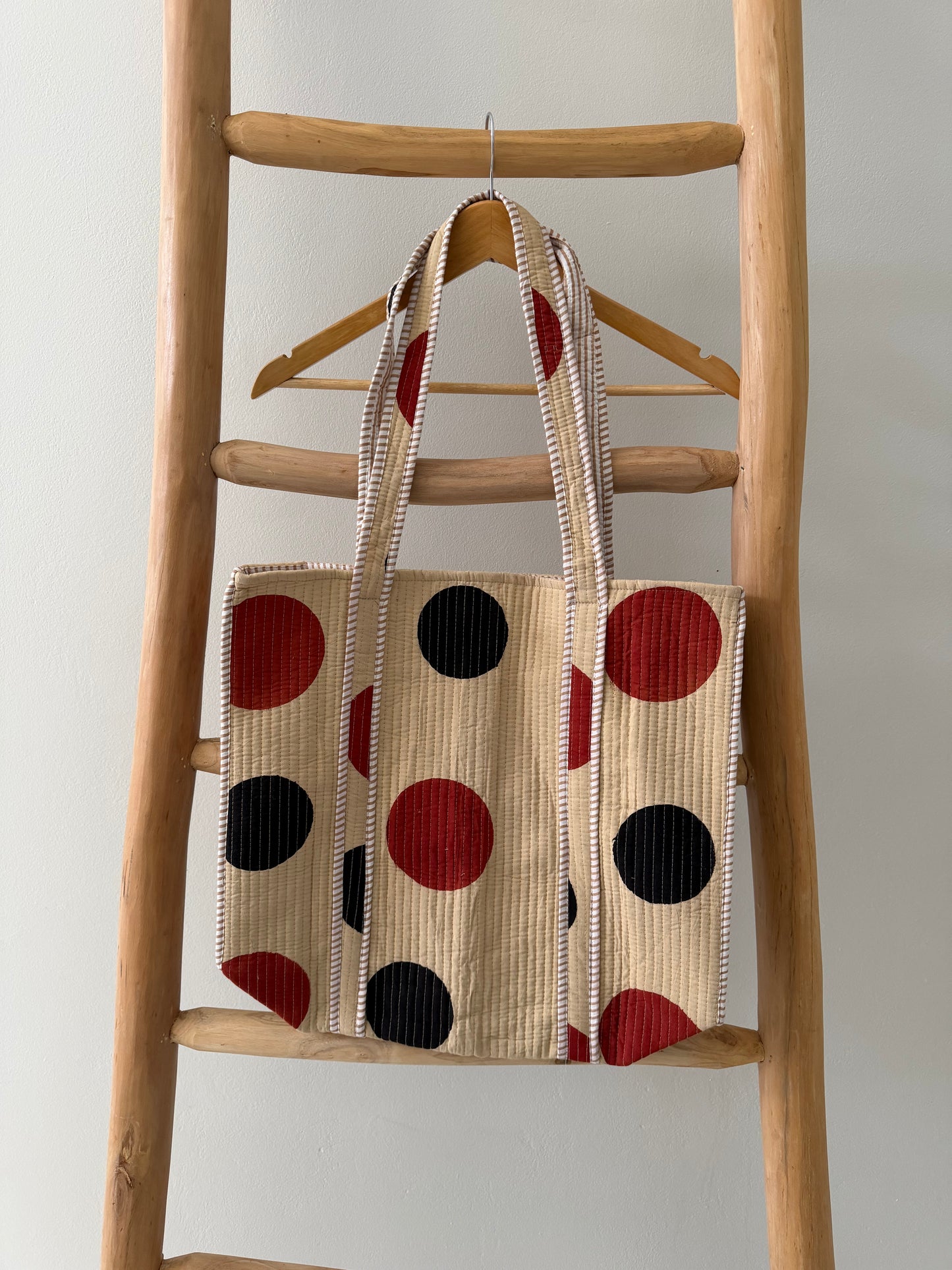Beige Tote Bag with large red & black dots