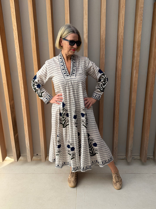 Cream & beige stripe dress with embroidered navy & grey daisies