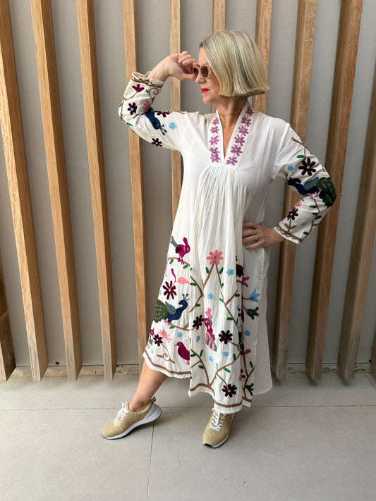 White dress with colourful embroidered birds (pink trim)