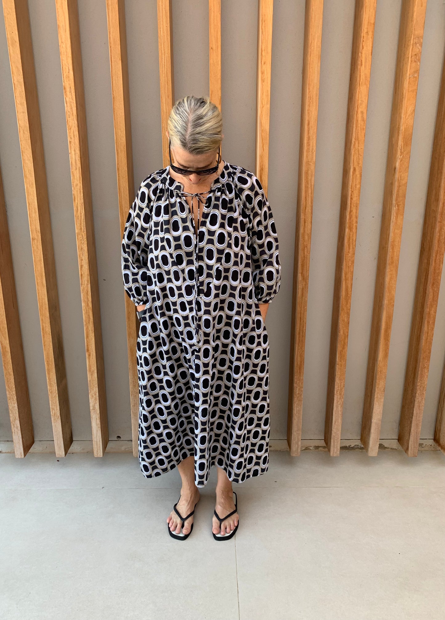 Black, white & beige geometric dress