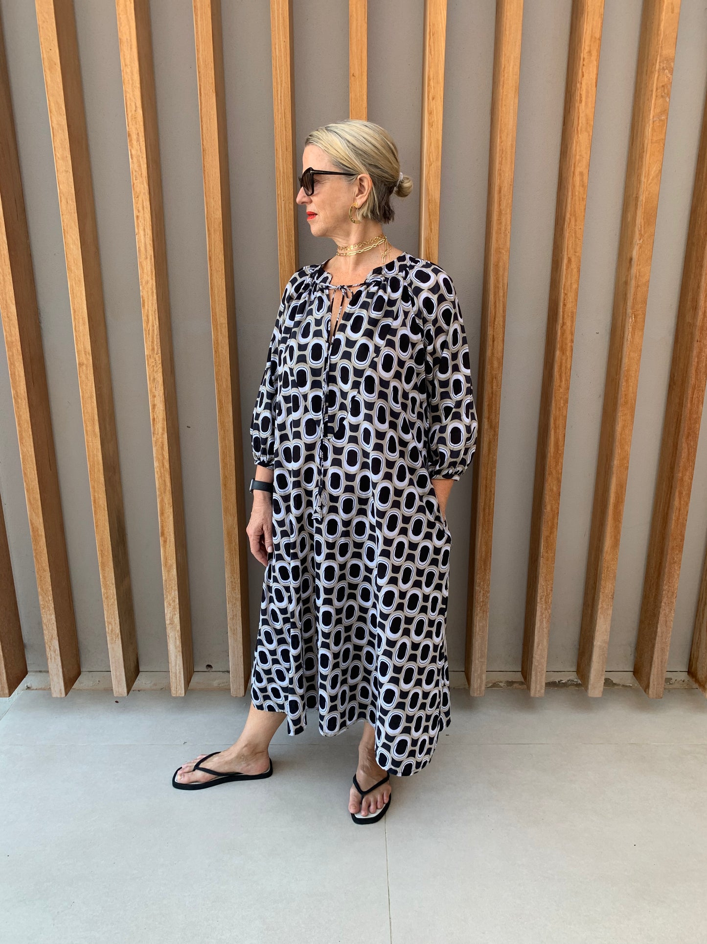 Black, white & beige geometric dress