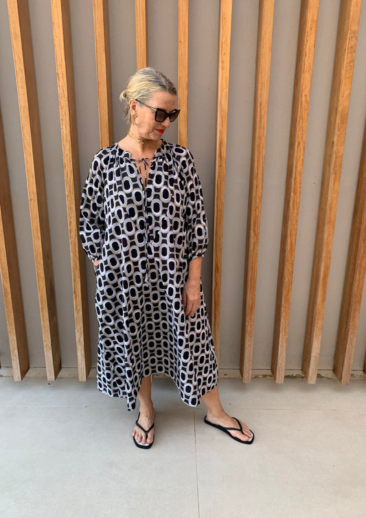 Black, white & beige geometric dress