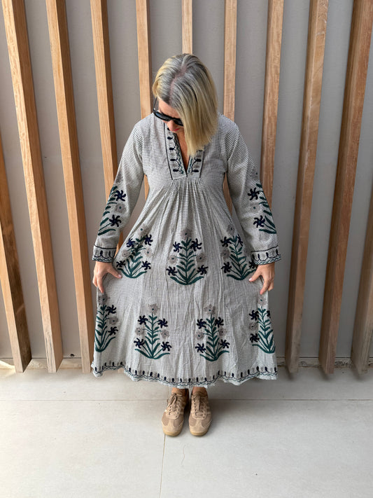 Cream & black check dress with embroidered navy & grey daisies