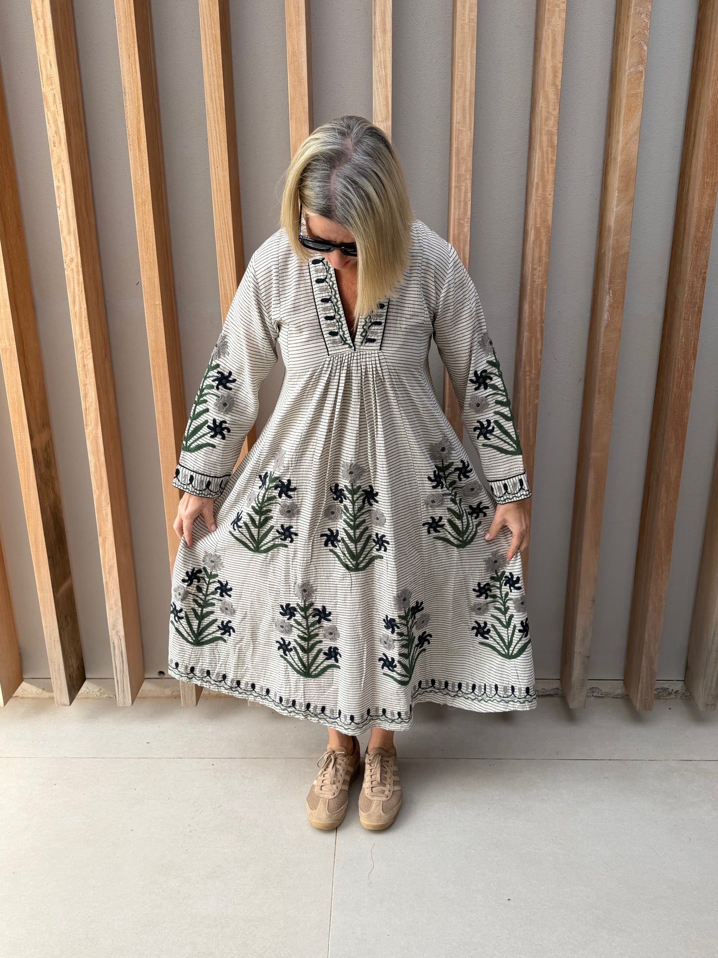 Cream & black striped dress with embroidered olive & grey daisy