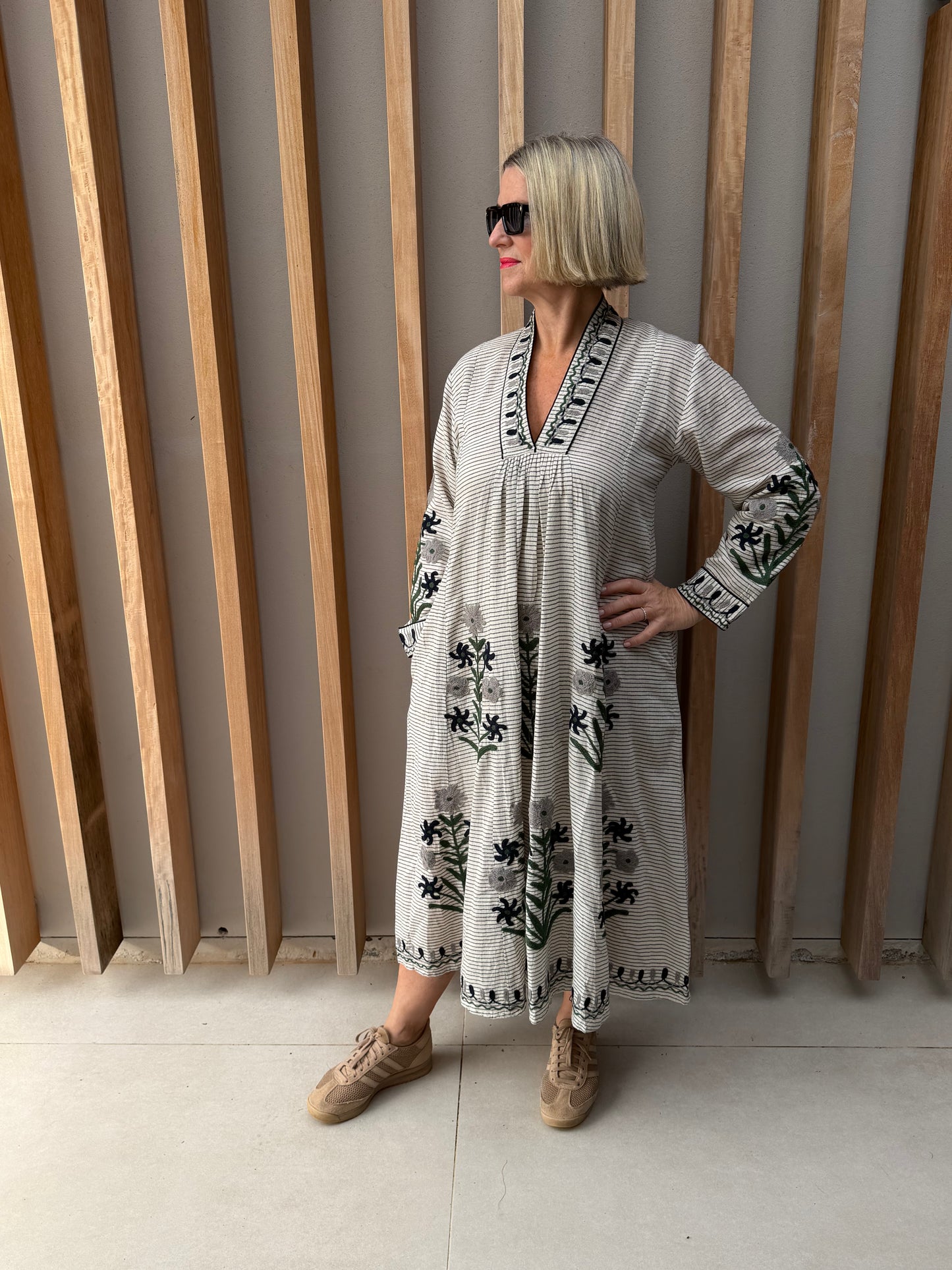 Cream & black striped dress with embroidered olive & grey daisy