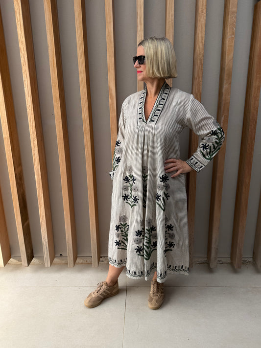 Cream & black striped dress with embroidered olive & grey daisy