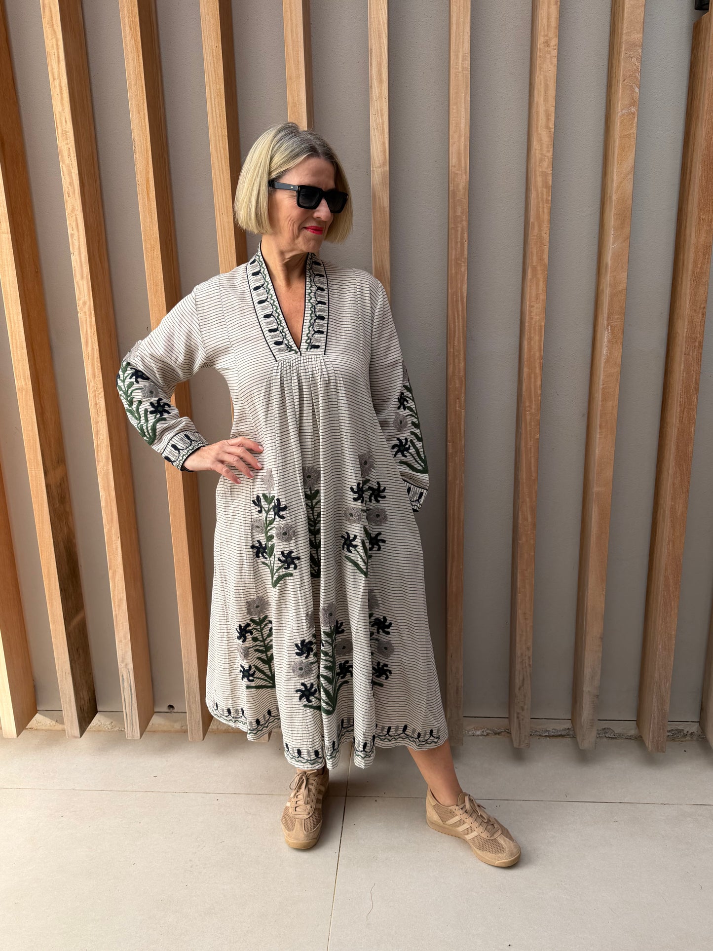 Cream & black striped dress with embroidered olive & grey daisy
