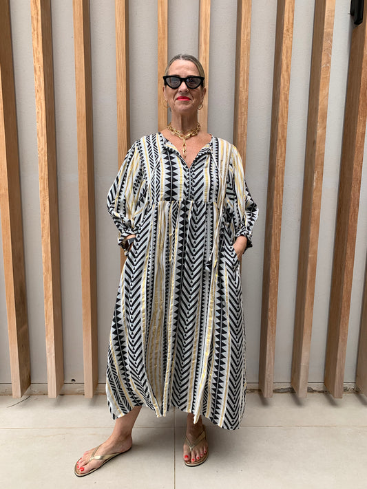 Black white & gold geometric woven dress