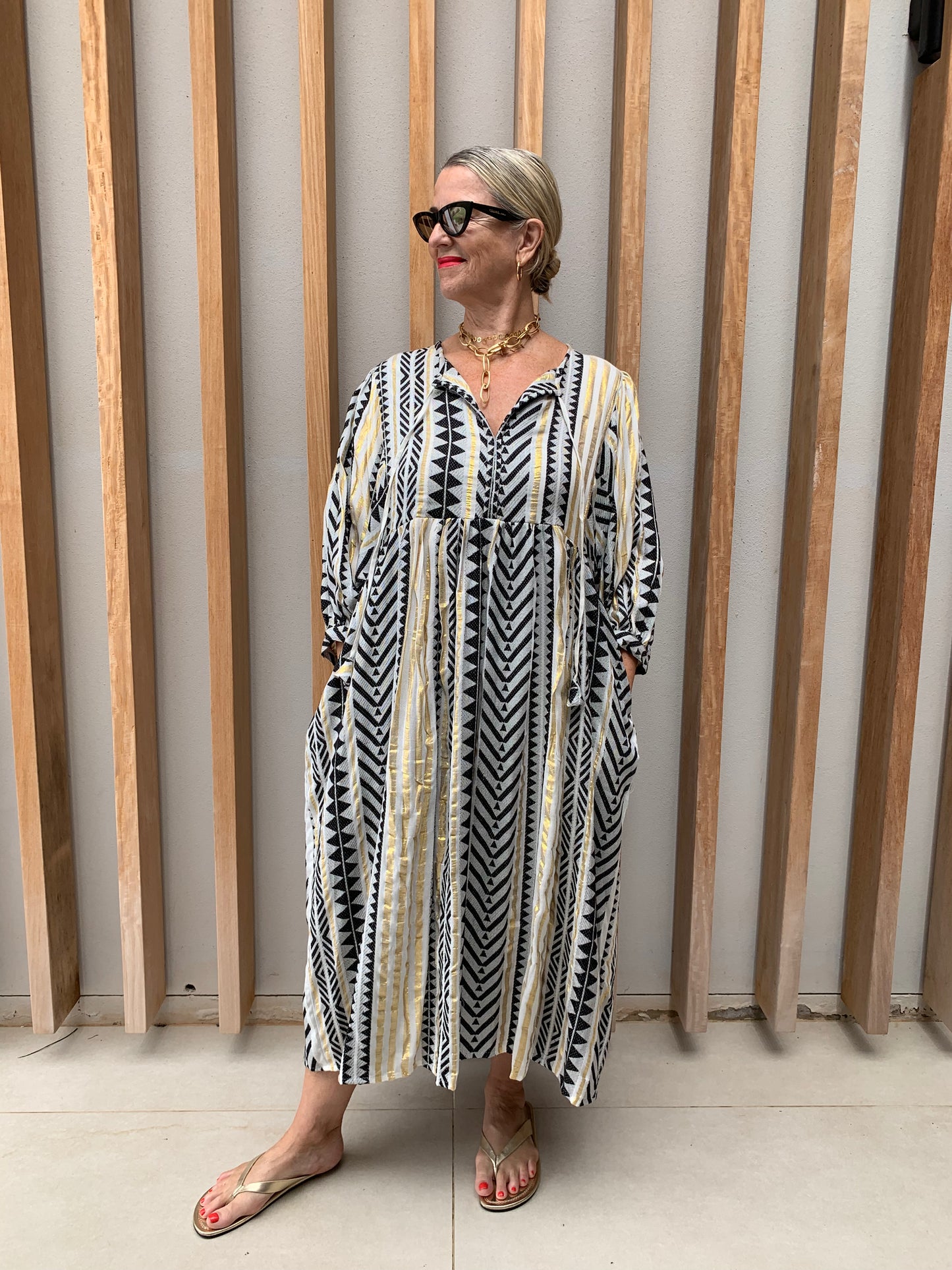 Black white & gold geometric woven dress