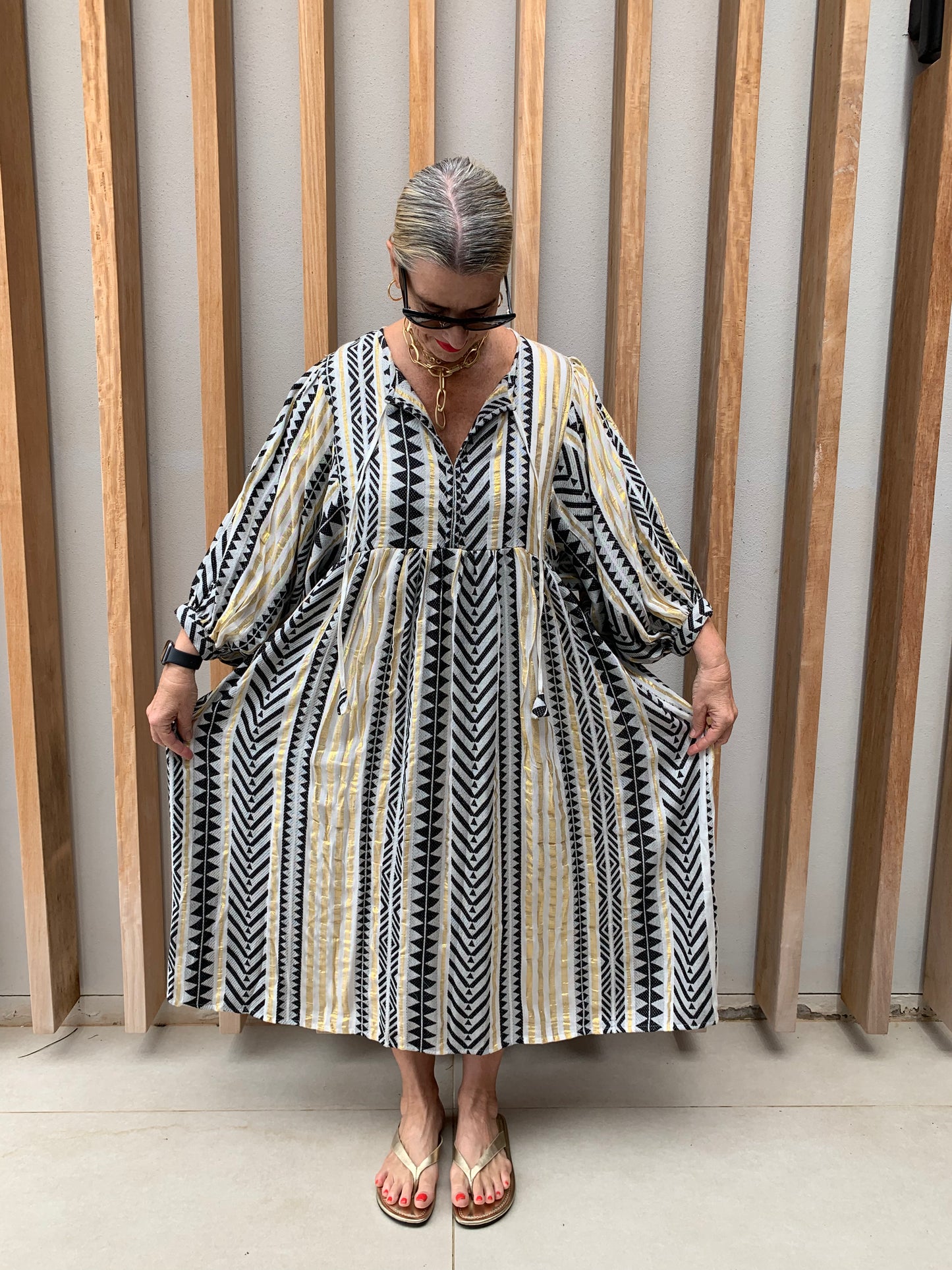 Black white & gold geometric woven dress