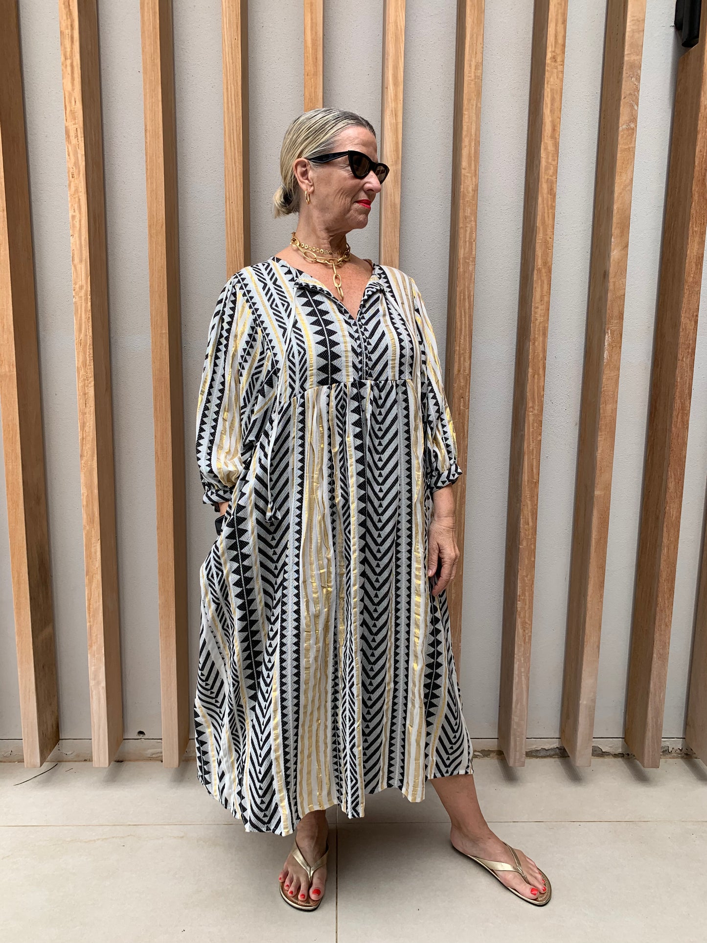 Black white & gold geometric woven dress