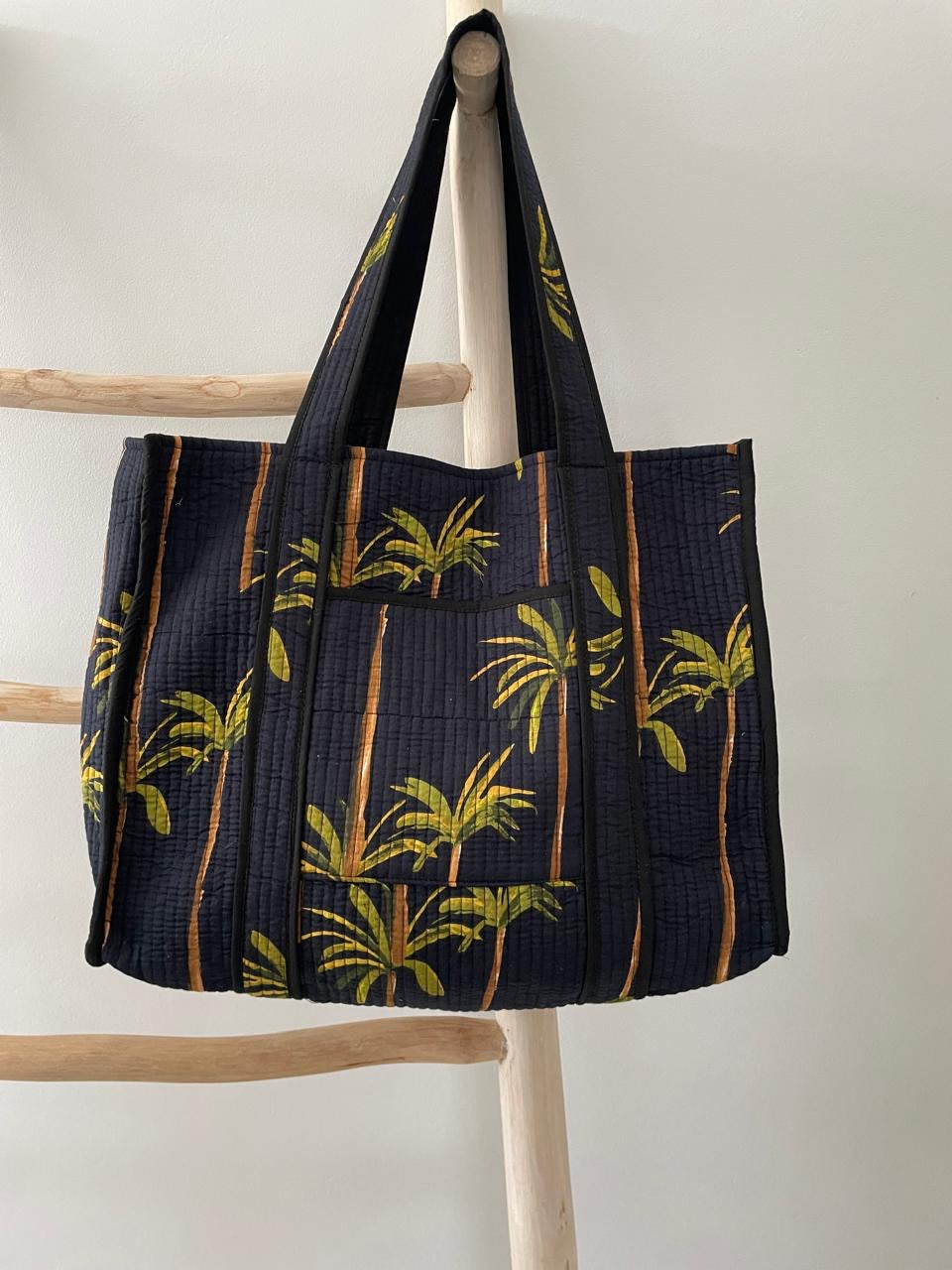 Tote Bag: Black with green palm