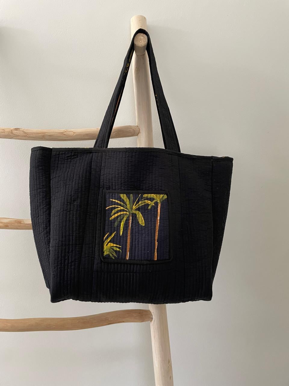 Tote Bag: Black with green palm
