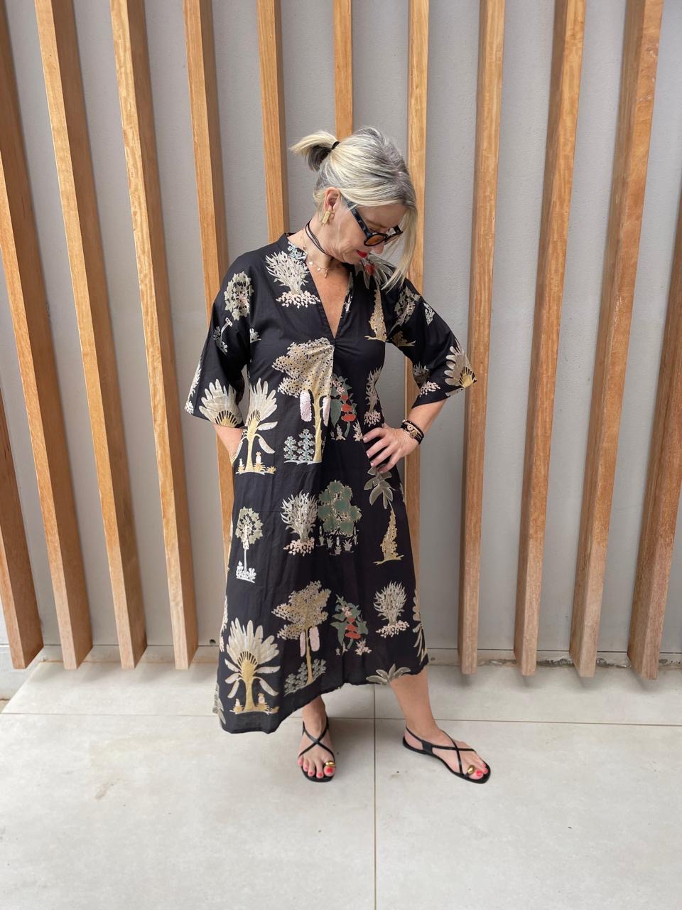 Black dress with palm floral pattern