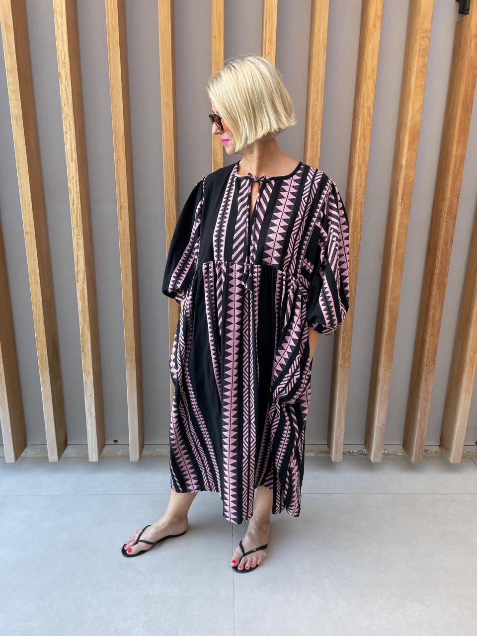 Black dress with pink fishbone geometric