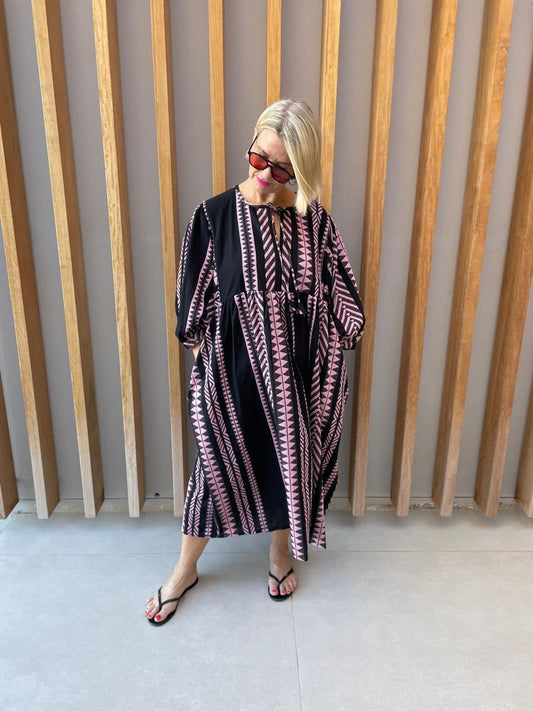 Black dress with pink fishbone geometric