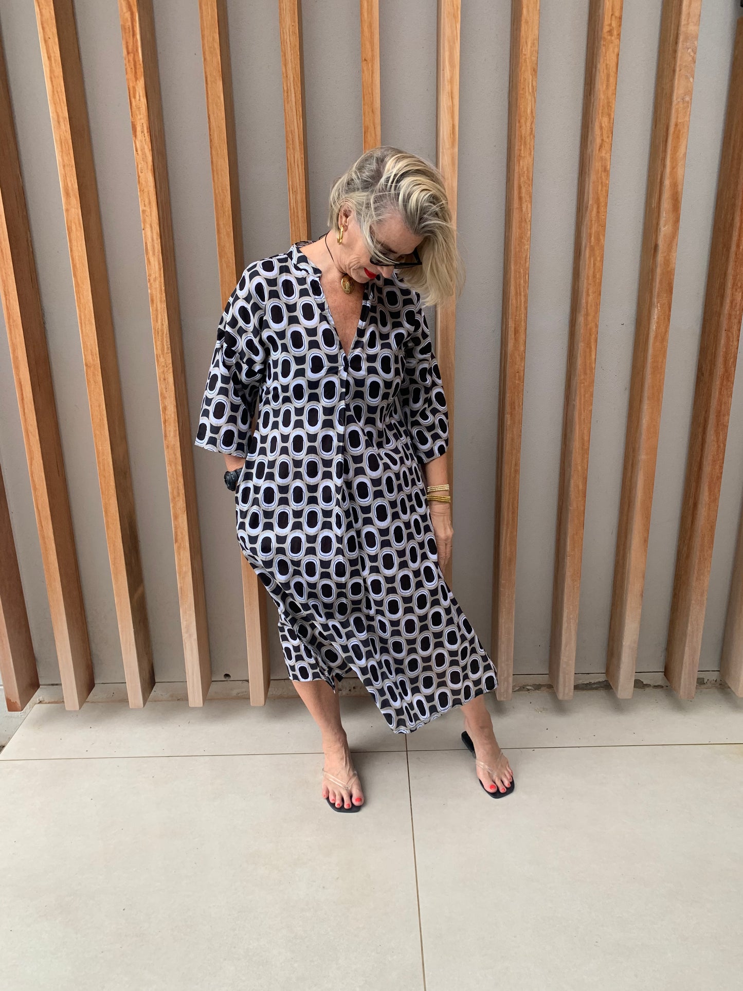 Black, white & beige geometric V Neck dress