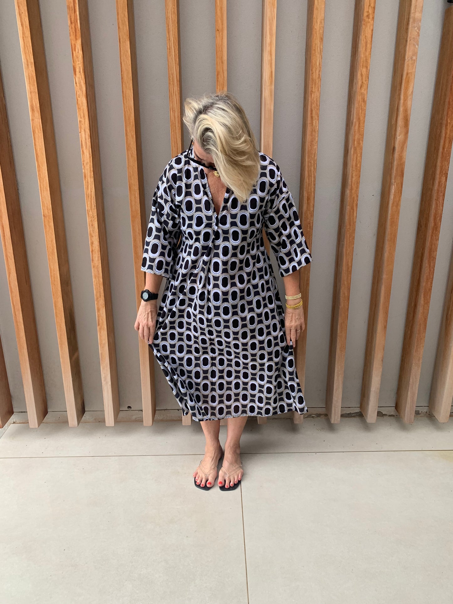 Black, white & beige geometric V Neck dress
