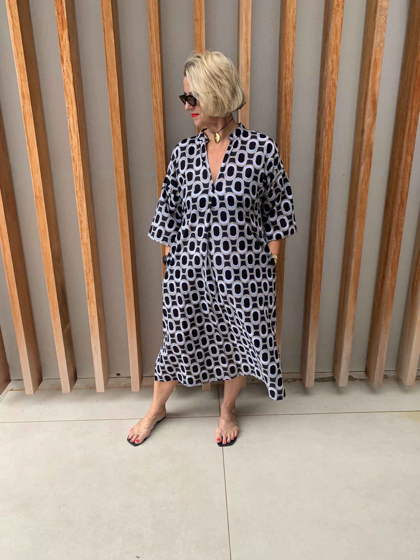 Black, white & beige geometric V Neck dress