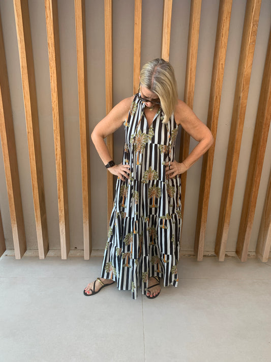 Black & white striped dress with green palm pattern