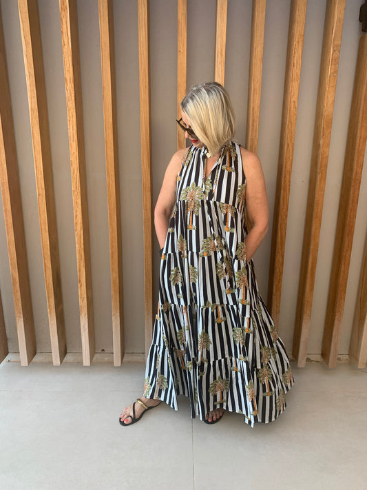 Black & white striped dress with green palm pattern