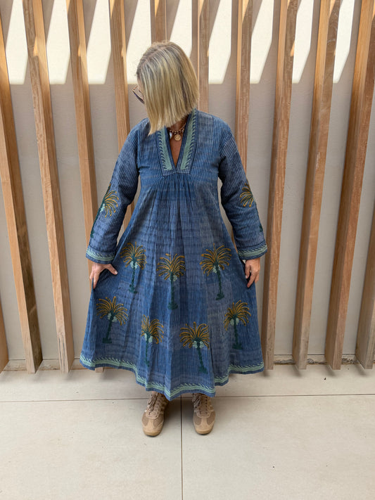 Blue dress with embroidered bronze palm