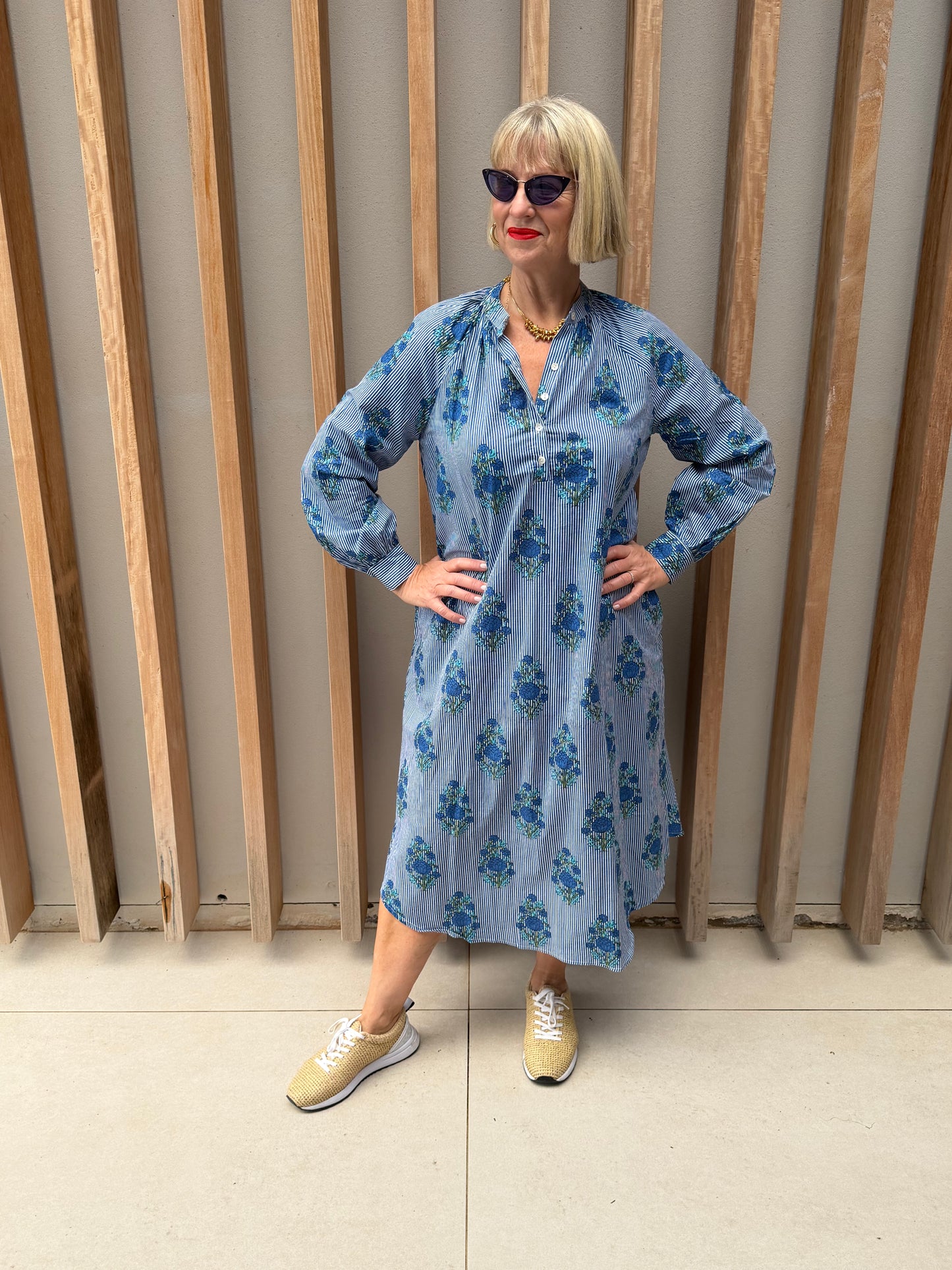 Blue & white thin striped Kurta dress with floral pattern
