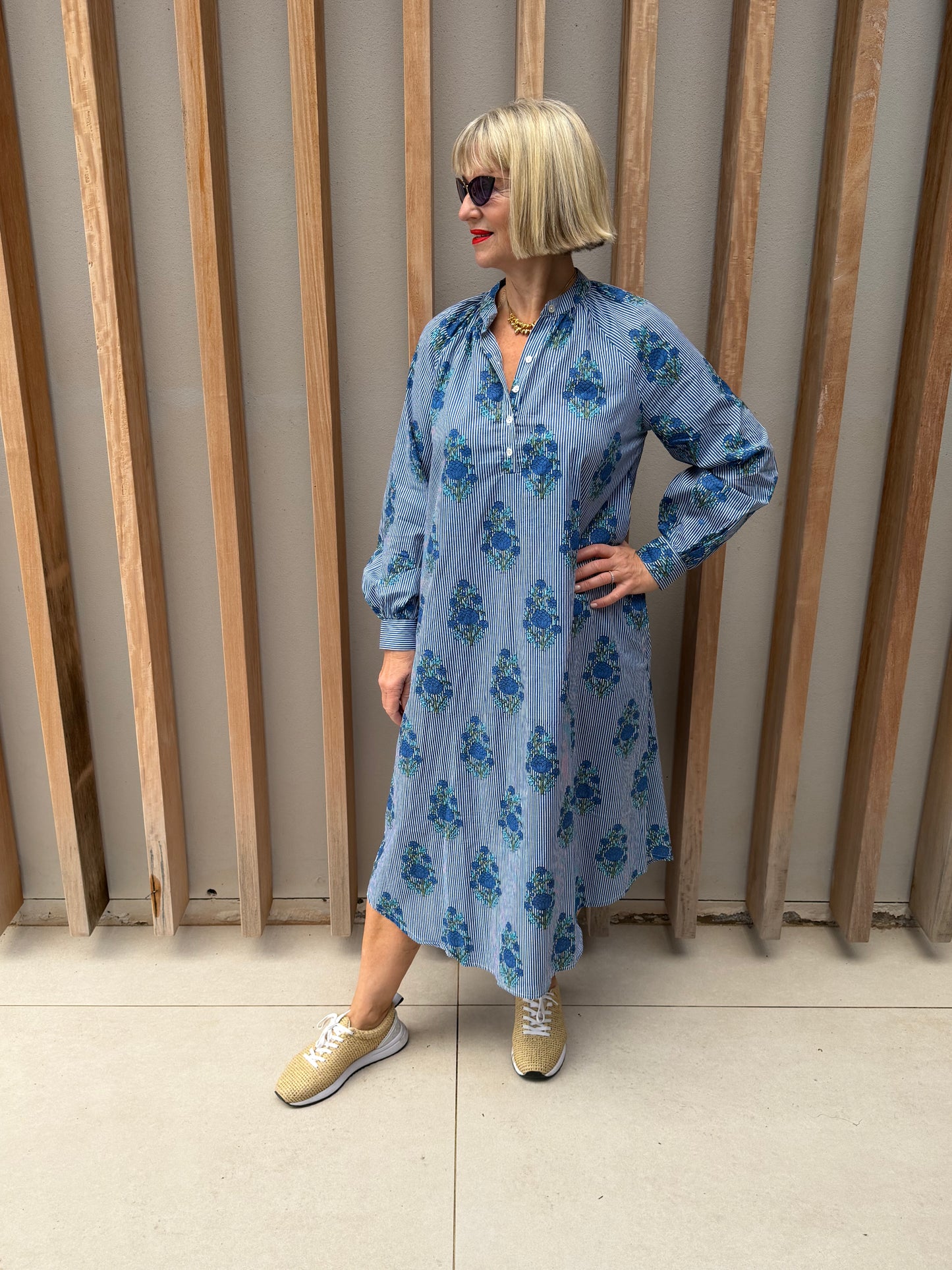 Blue & white thin striped Kurta dress with floral pattern