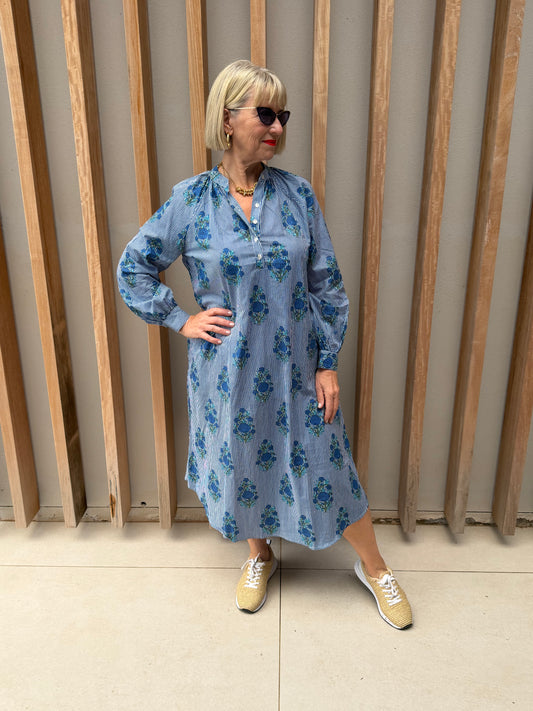 Blue & white thin striped Kurta dress with floral pattern