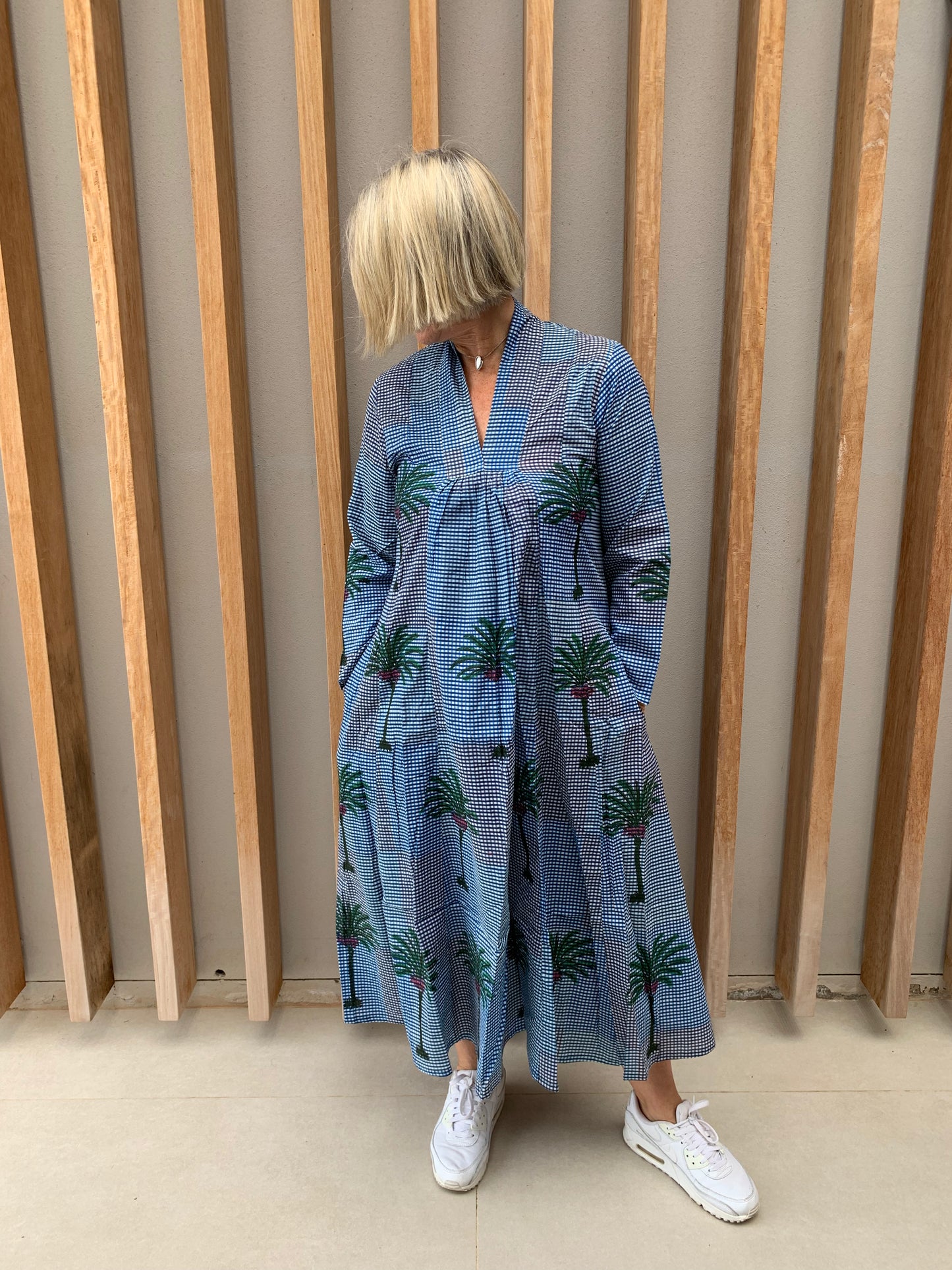 Blue & white check dress with green palm