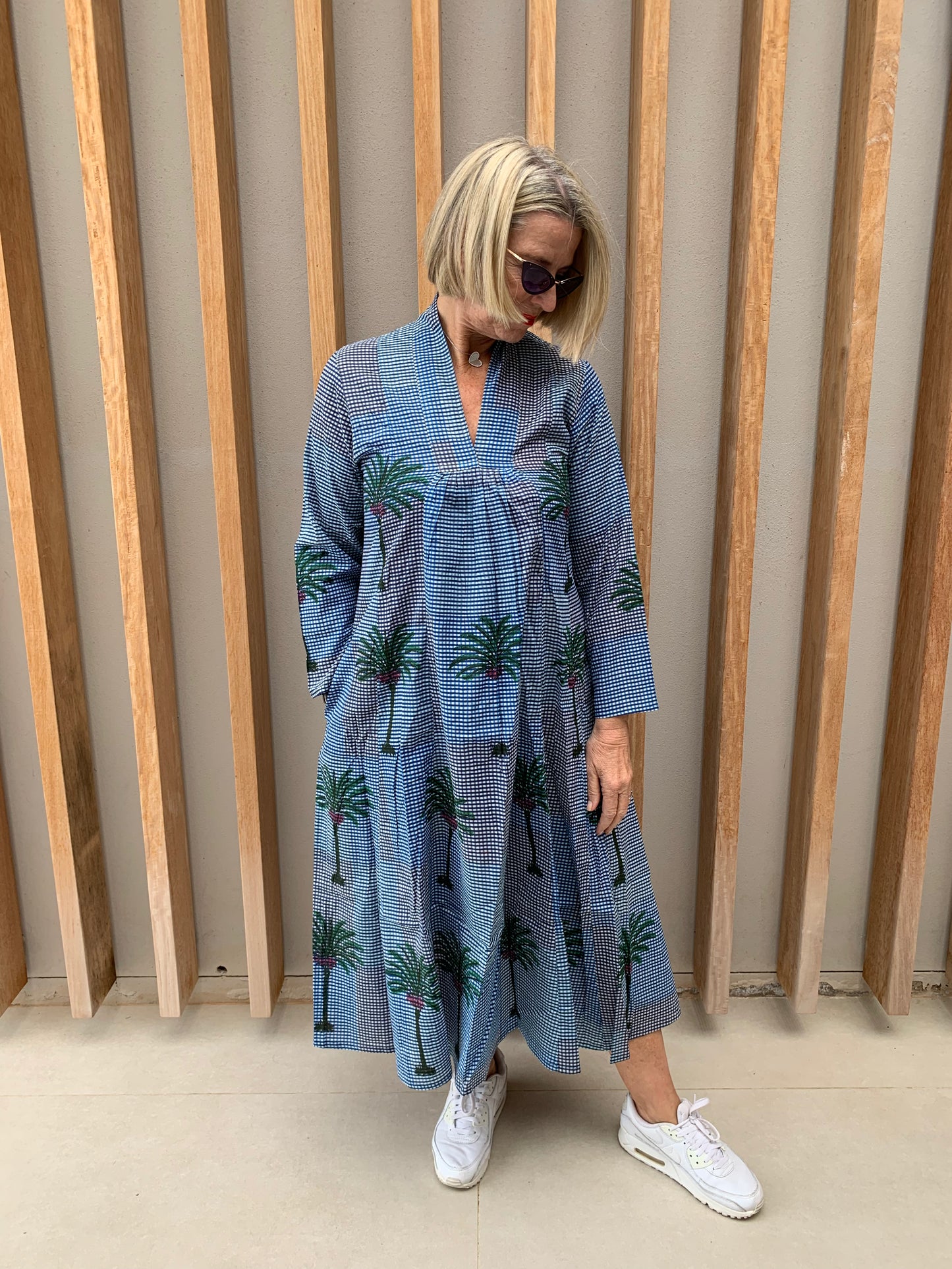 Blue & white check dress with green palm