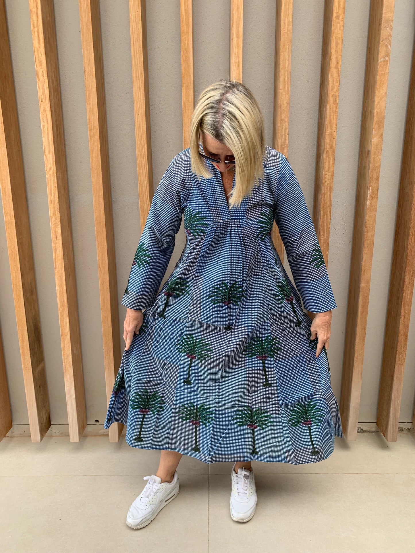 Blue & white check dress with green palm