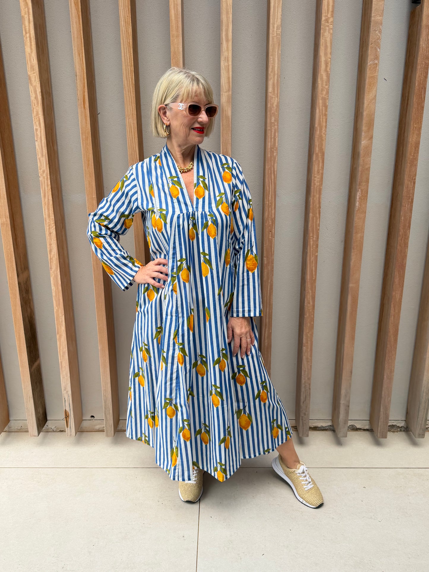 Blue & white striped dress with lemon pattern