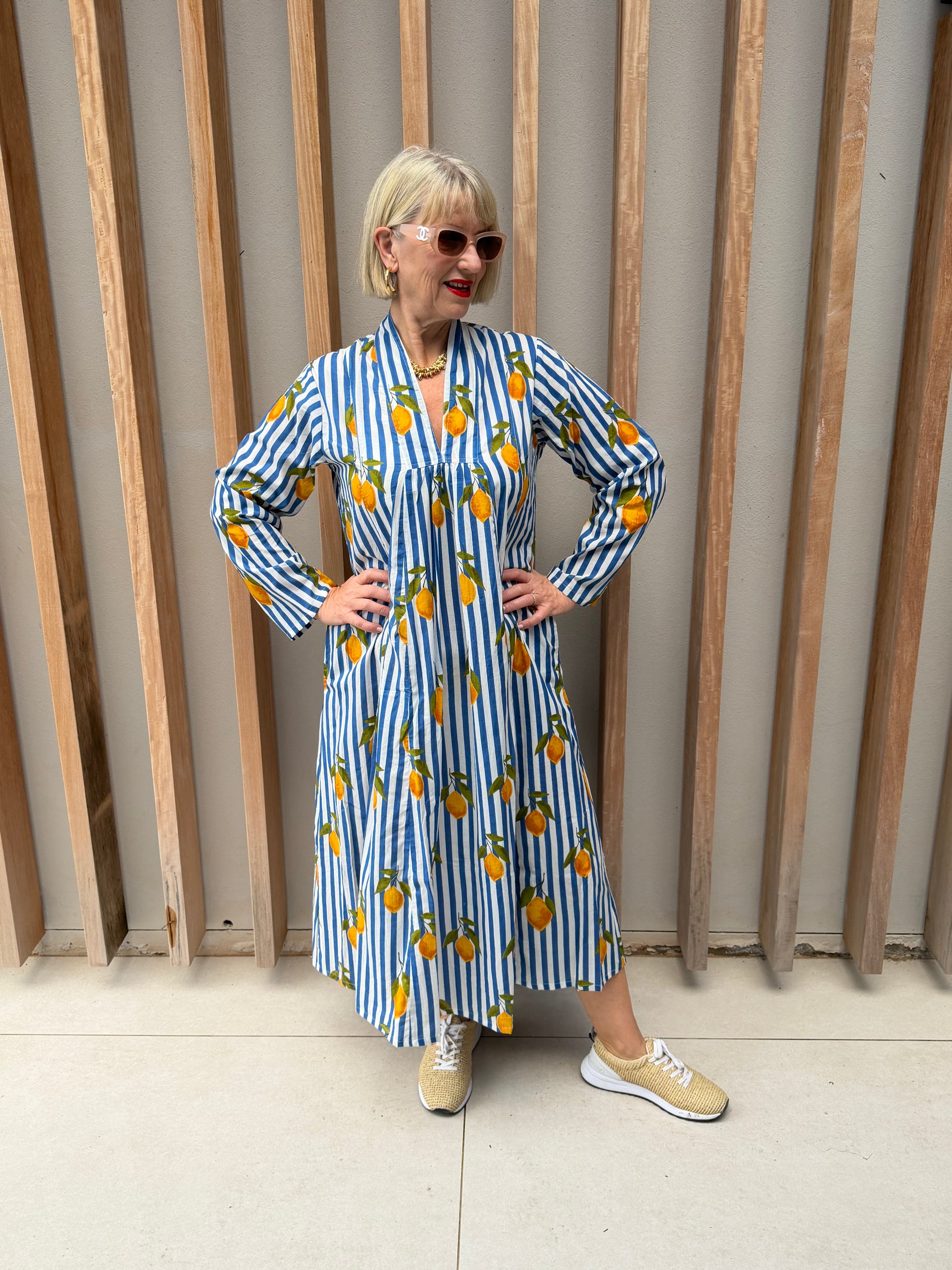 Blue & white striped dress with lemon pattern